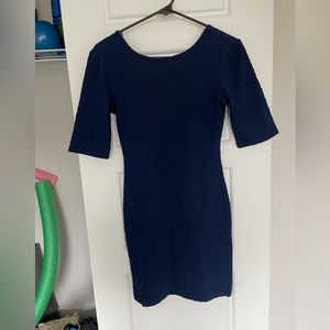 Blue 3/4 sleeve open neckline body con dress